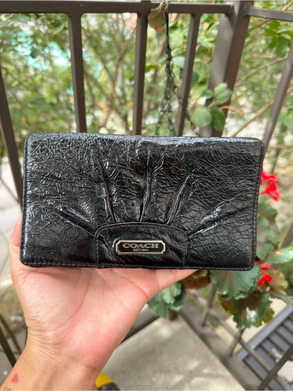 COACH Black Textured Leather Card & Key Holder with Signature Plaque